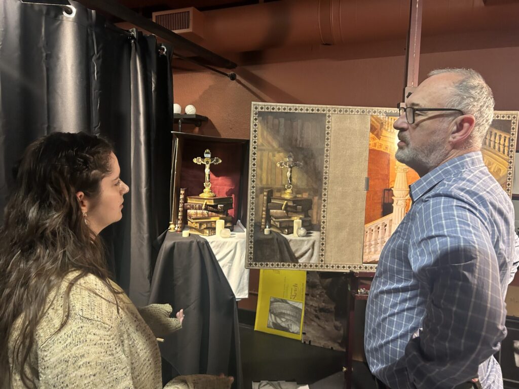 David Clayton with a student at a Scala Foundation sacred arts workshop