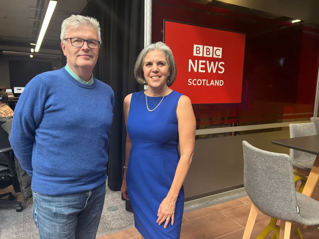 Margarita Mooney Clayton with Sir James MacMillan recording for BBC Radio 3